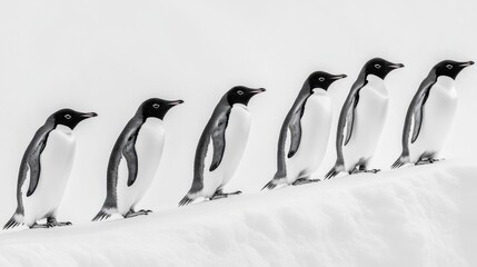 Obraz premium Six penguins in a neat line atop snowy terrain, embodying unity and resilience in a stark icy landscape.
