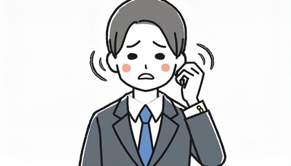 耳鳴りなどで耳が痛い男性会社員。耳に手を当てて苦悶の表情をするイラスト。AIで生成