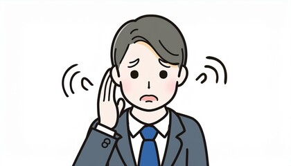 耳鳴りなどで耳が痛い男性会社員。耳に手を当てて苦悶の表情をするイラスト。AIで生成