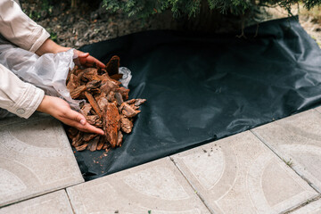 Hands pouring decorative bark mulch onto a black landscape fabric for garden bed protection....
