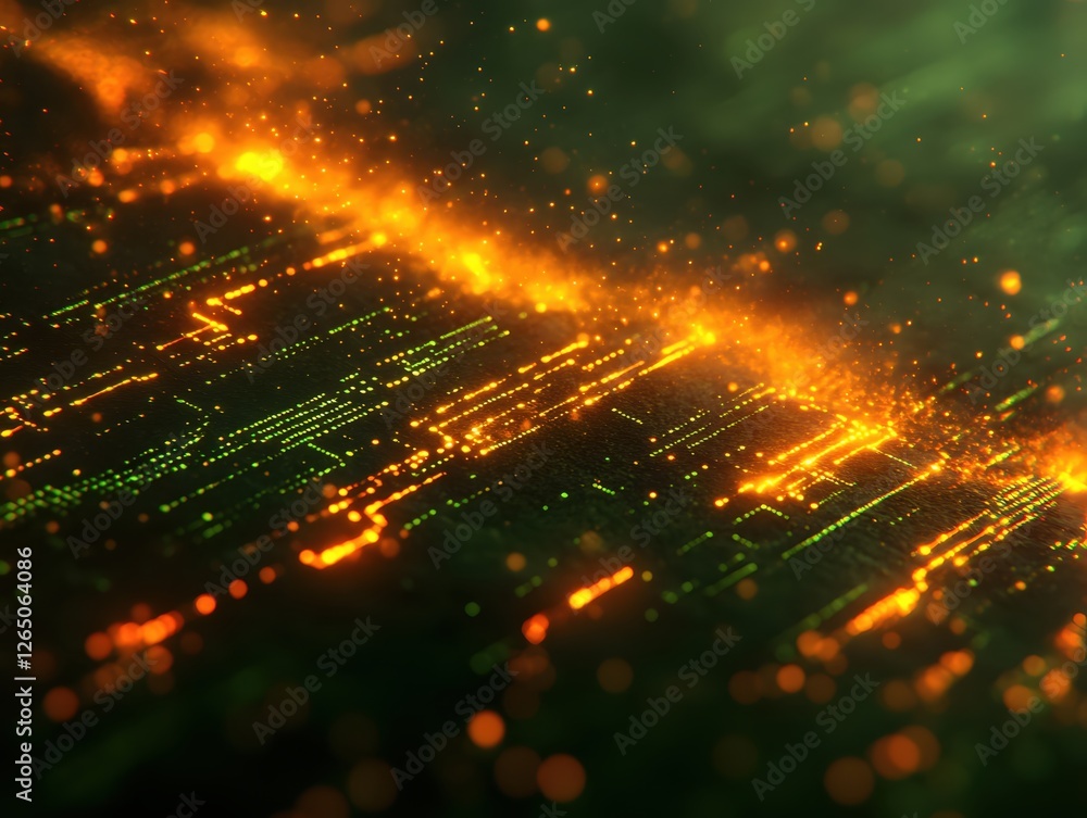 Poster abstract glowing circuit board design with warm light and data flow concept