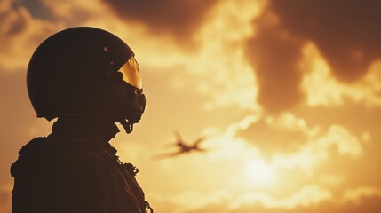 Pilot in helmet watches a plane fly against a dramatic sunset, embodying adventure and exploration.