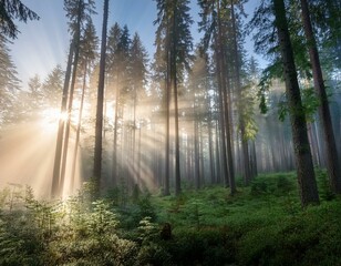 Obraz premium A mysterious and tranquil forest enveloped in soft morning mist, with rays of sunlight piercing through tall pine trees. The ethereal glow enhances the peaceful and dreamlike atmosphere. Nature