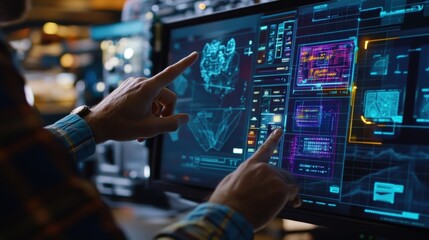 A medium closeup of a QA expert using debugging software pointing to sections of a mobile application where security issues are highlighted in bright colors with technical diagrams