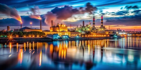 Fototapeta premium Night Photography: Kazan Industrial Riverfront - Majestic Factory Lights Reflecting on Volga River