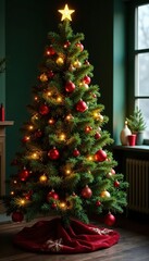 Classic green Christmas tree, decorated ornaments, warm lights, celebration, red