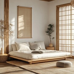 Minimalist bedroom featuring a low platform bed and neutral tones
