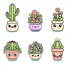 Set of cartoon cacti and floral indoor plants in cachepots with cute faces and emotions on white background in kawaii styles. Stickers, icons with house flowers.
