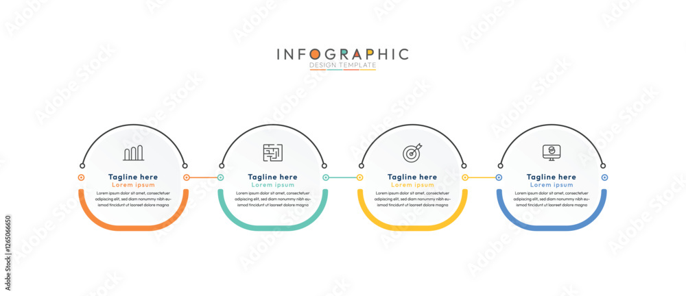 Poster 4 step circular process infographic template, four interconnected stages or steps, each represented 