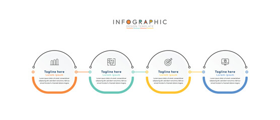 4 step circular process infographic template, four interconnected stages or steps, each represented by a distinct circular element with an icon and accompanying text. modern infographic template.