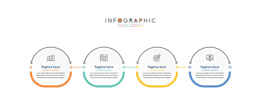 4 step circular process infographic template, four interconnected stages or steps, each represented by a distinct circular element with an icon and accompanying text. modern infographic template.