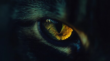 A close-up of a cat's intense, golden eye reflects an enigmatic world, capturing the viewer's attention with its striking detail and vivid color.