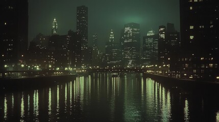 Fototapeta premium A misty city skyline at night, its luminous buildings reflected in serene river waters, evokes mystery and urban allure.