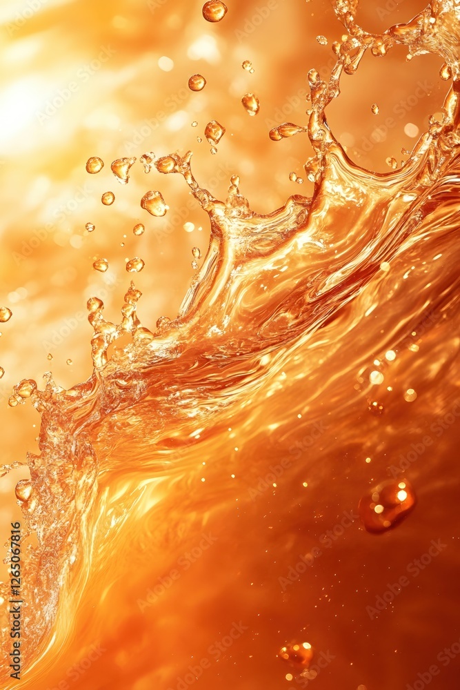 Poster golden liquid splash with vibrant bubbles and light creates a dynamic and refreshing scene