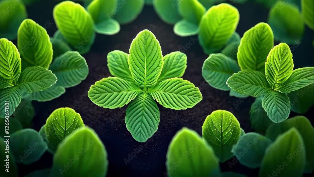 Poster a close-up view of vibrant green leaves arranged symmetrically, showcasing their intricate textures 