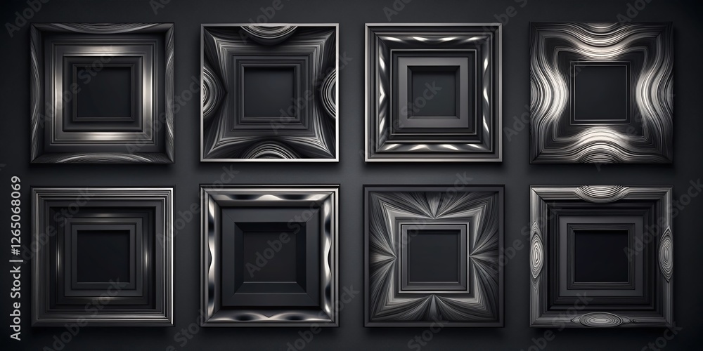 Poster nine abstract black shapes in distorted square frames - edgy low light photography set