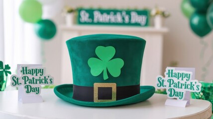 A festive green leprechaun hat with a shamrock decoration sits on a table with St. Patrick’s Day decorations