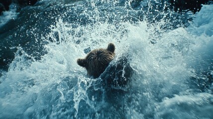 Obraz premium A bear plunges into the river, creating a spectacular splash, embodying sheer strength and playful vigor in the wilderness.