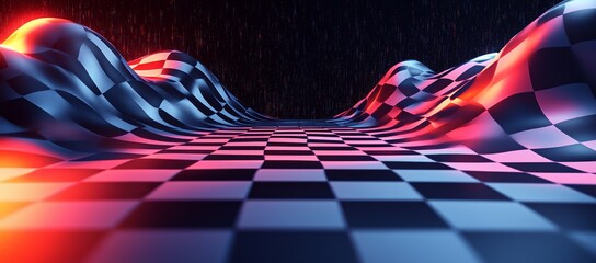 Checkered Flag Track, Neon Lighting, 3D Rendering