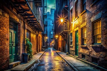 Fototapeta premium NYC Brick Building Alleyway - Low Light Night Photography