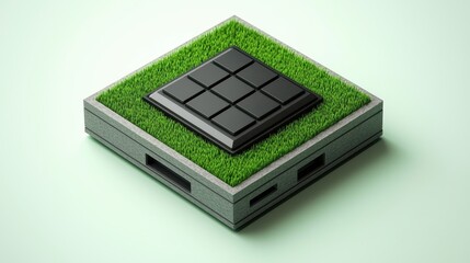 Eco Friendly Tech Device 3D Render of Square Gadget with Grass Top