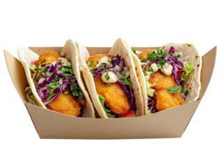Delicious fish tacos served in a paper tray, topped with fresh vegetables and sauces. transparent PNG