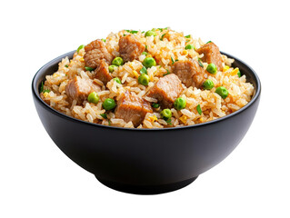 Delicious fried rice with pork and peas in a black bowl, isolated on white background. transparent PNG