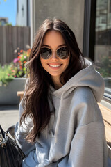 Fototapeta premium Foto en la calle de mujer joven influencer 