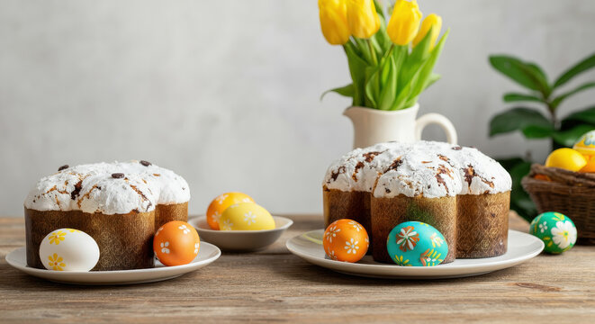 Traditional easter colomba pasquale and decorated eggs on wooden table with yellow tulips.