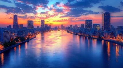 Fototapeta premium City Skyline Sunset over River at Dusk. Possible use Stock photo for cityscapes, travel, or nature