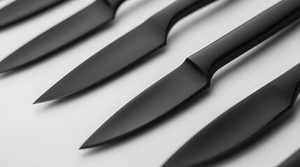 Obraz premium Sleek Black Kitchen Knives Arranged on White Surface for Culinary Use