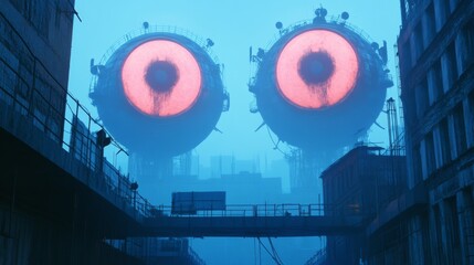 Gigantic, ominous red eyes overlook an industrial cityscape, blending reality with an unsettling presence.