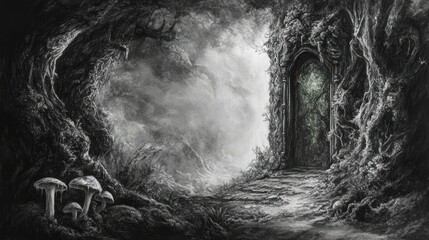 an image of the entrance to a forest with mushrooms and a door leading to a, magic doorway, magical portal gateway