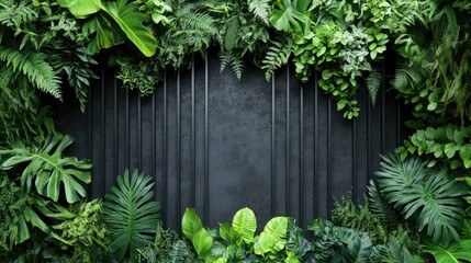 Fototapeta premium Lush Greenery on Dark Wall: A Tropical Paradise