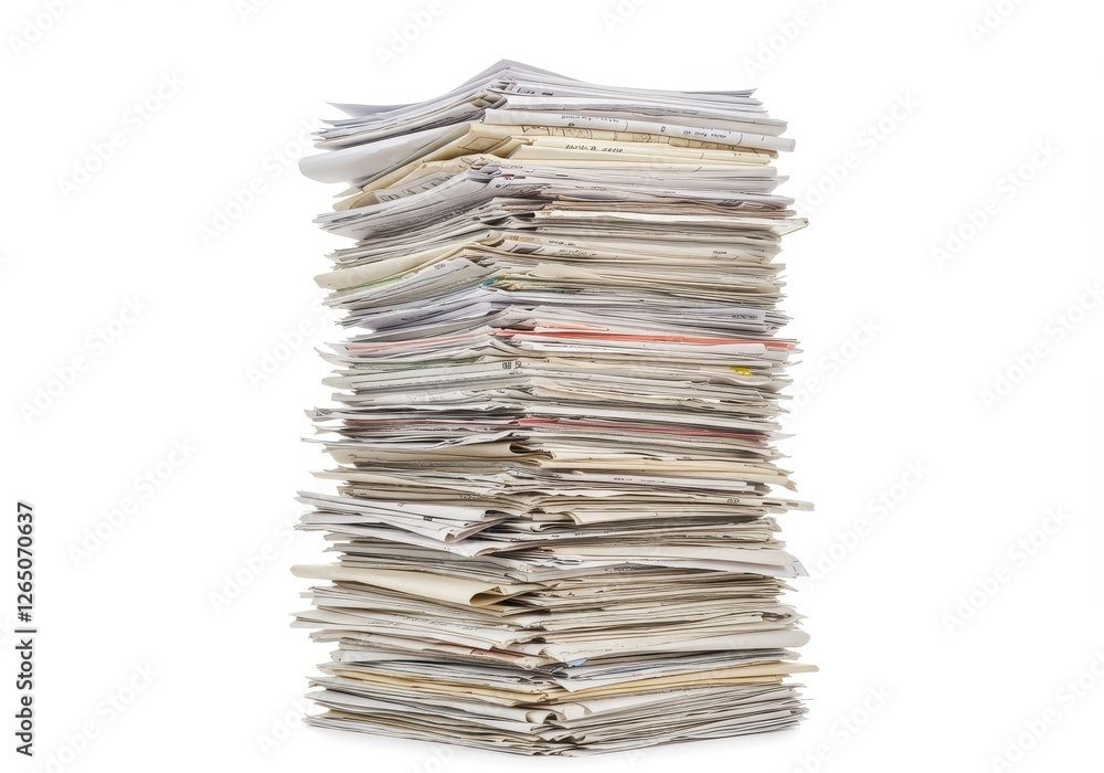 Aufkleber a tall stack of various papers and files in disorganized piles isolated on a white background