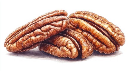 Close-up pecan nuts, detailed illustration, on white background, for food catalog, or nutrition education