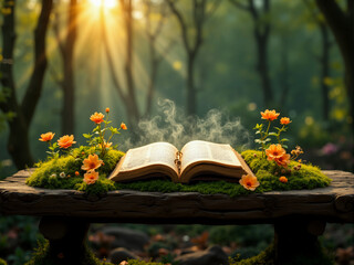 Mystical Forest Book Scene: Vintage Tome, Orange Blooms, Mossy Wood, Soft Sunlight, Whispers of Smoke, Serene Fairytale Atmosphere