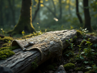 Fototapeta premium Serene Forest Scene with Mossy Log, Handwoven Bag, and Soft Sunlight, Evoking Tranquility and Connection with Nature