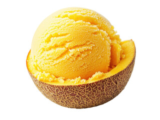 Delicious yellow melon sorbet in a chocolate-flavored shell on white isolate background. transparent PNG