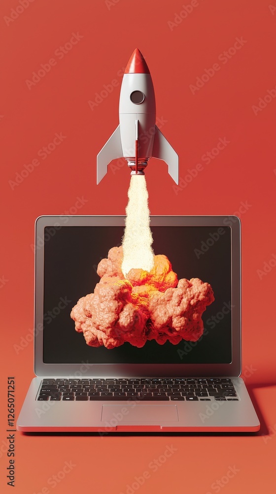 Aufkleber this image depicts a colorful rocket emerging from a laptop screen, generating explosive clouds of s