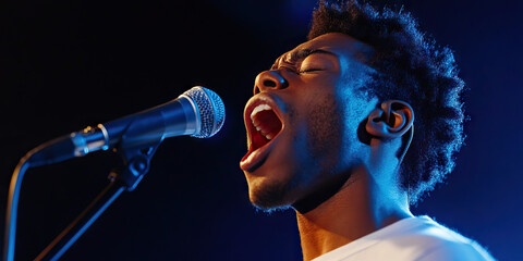 Close-up of a Man Singing into a Microphone