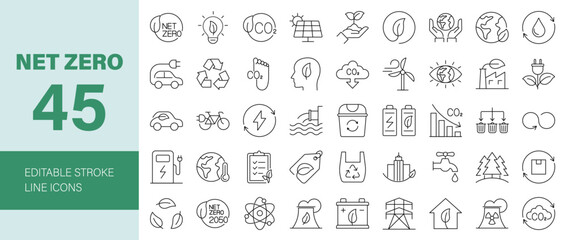 Net Zero Line Editable Icons set. Vector illustration for web and mobile app. Ecology related icons: environment, recycling, green energy, carbon neutral, eco-friendly, climate, green city, and more.