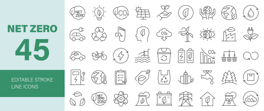 Net Zero Line Editable Icons set. Vector illustration for web and mobile app. Ecology related icons: environment, recycling, green energy, carbon neutral, eco-friendly, climate, green city, and more.