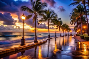 Obraz premium Palm Beach Night Lights: Romantic Low-Light Beach Scene at Dusk