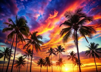Obraz premium Palm Trees Silhouetted Against a Vibrant Sunset Sky - Double Exposure Stock Photo