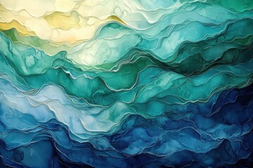 Obraz premium Abstract Ocean Waves in Fluid Art Style with Teal, Blue, Green, and Yellow Tones