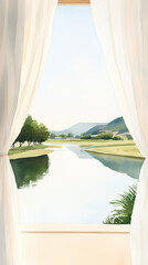 Fototapeta premium serene view of lake through window with soft colors