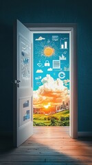 An Open Door Revealing A Bright Landscape With Business Graphs And A Sunset View