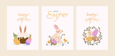 Cute Easter card set. Trendy greeting cards with traditional pastry, kulich, bunny, chick, DIY dyed eggs, wreath. Pastel and elegant vector illustration with hand drawn calligraphy