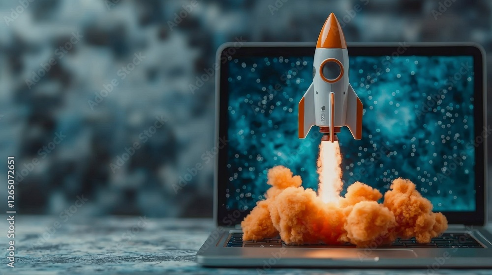 Poster this whimsical image features a rocket taking off from an open laptop, surrounded by colorful clouds